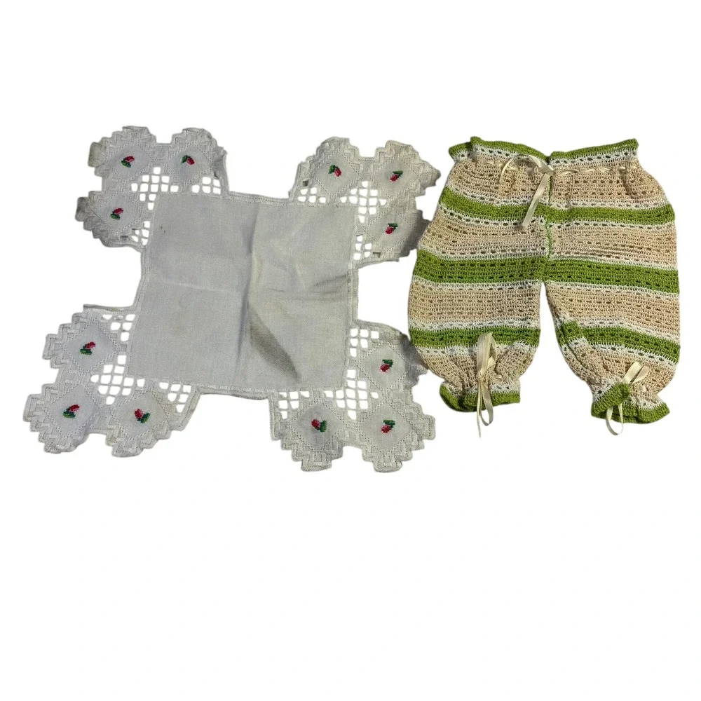 Vintage Crochet Lace Doilies Set and Hand Embroidered Hanky‎ with Baby Pants